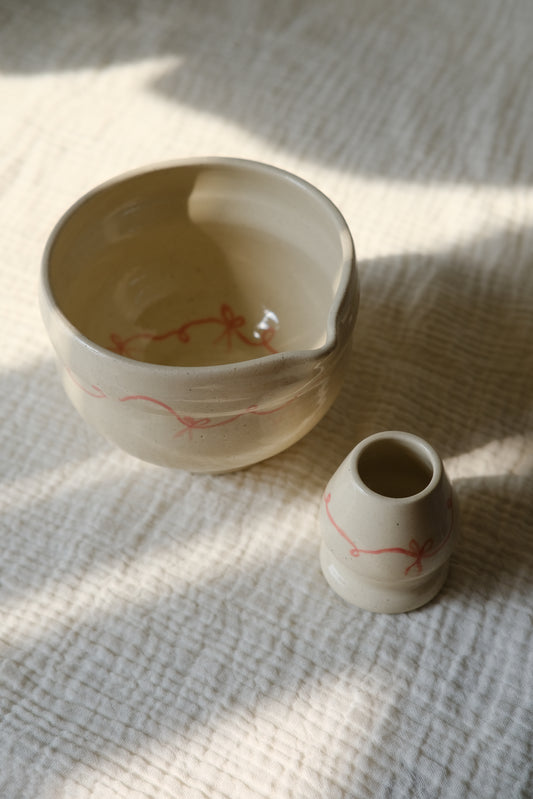 Pink Ribbon Wavy Matcha Bowl Set