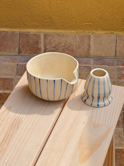 Blue Striped Matcha Bowl Set- Matte
